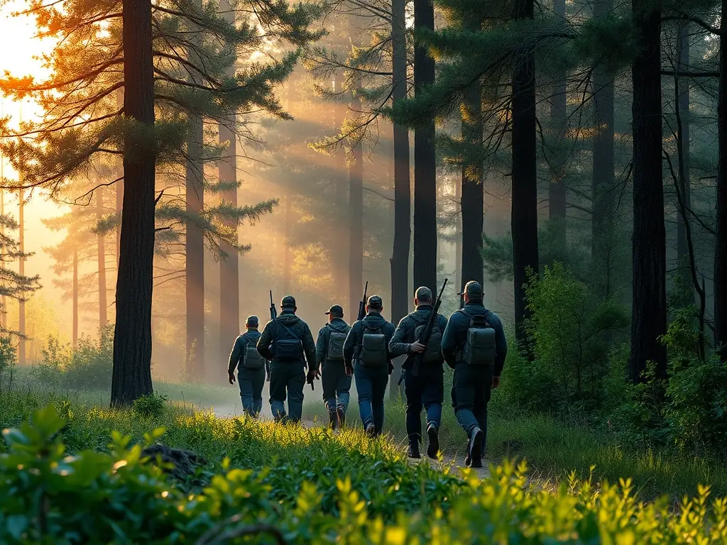 A group of hunters in camouflage gear walking through a dense forest at dawn, carrying rifles and wearing backpacks, with sunlight filtering through the trees.