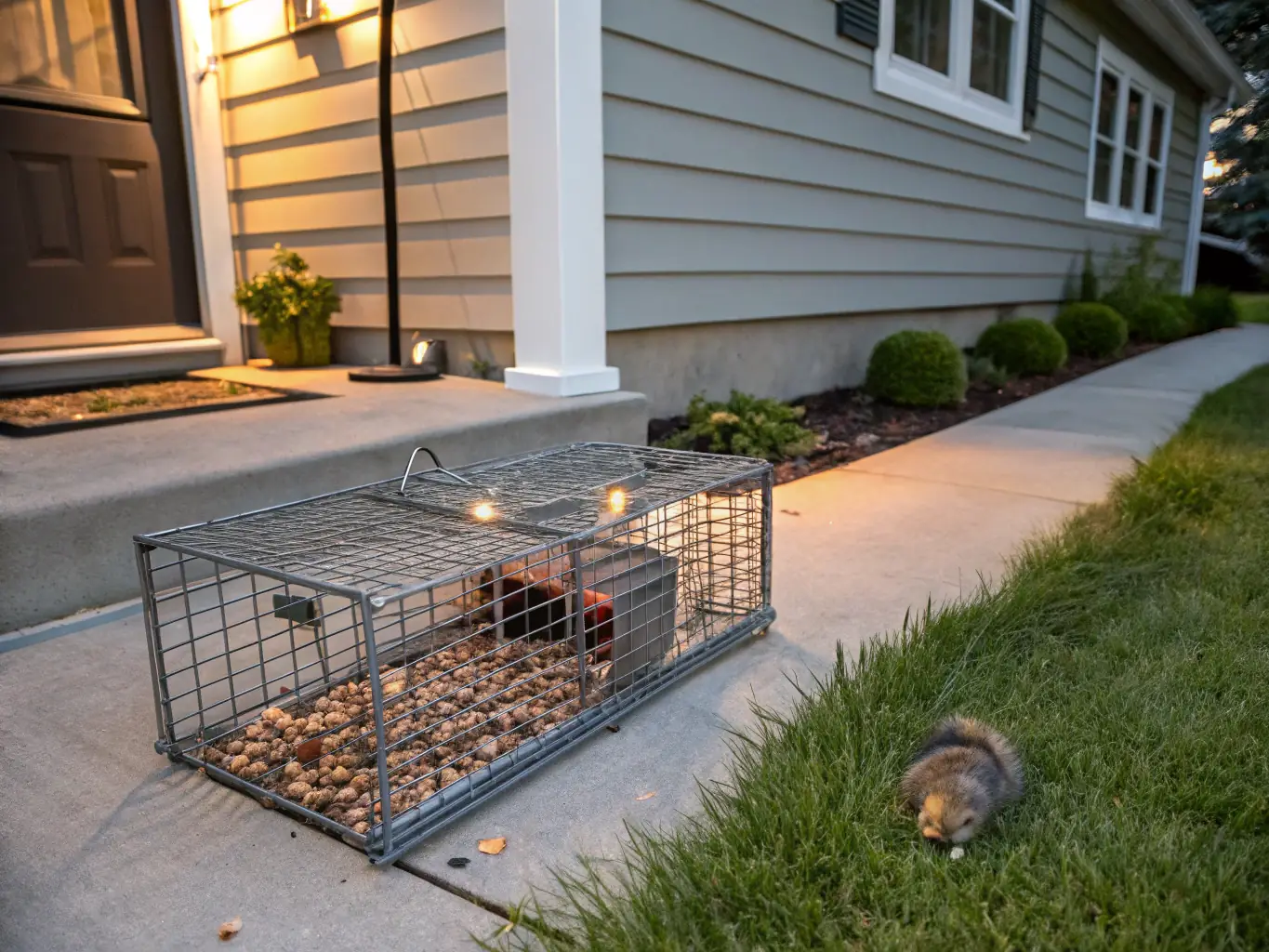 A hunter carefully setting up a humane trap to control invasive species, showcasing the club's responsible pest control methods and dedication to environmental stewardship.