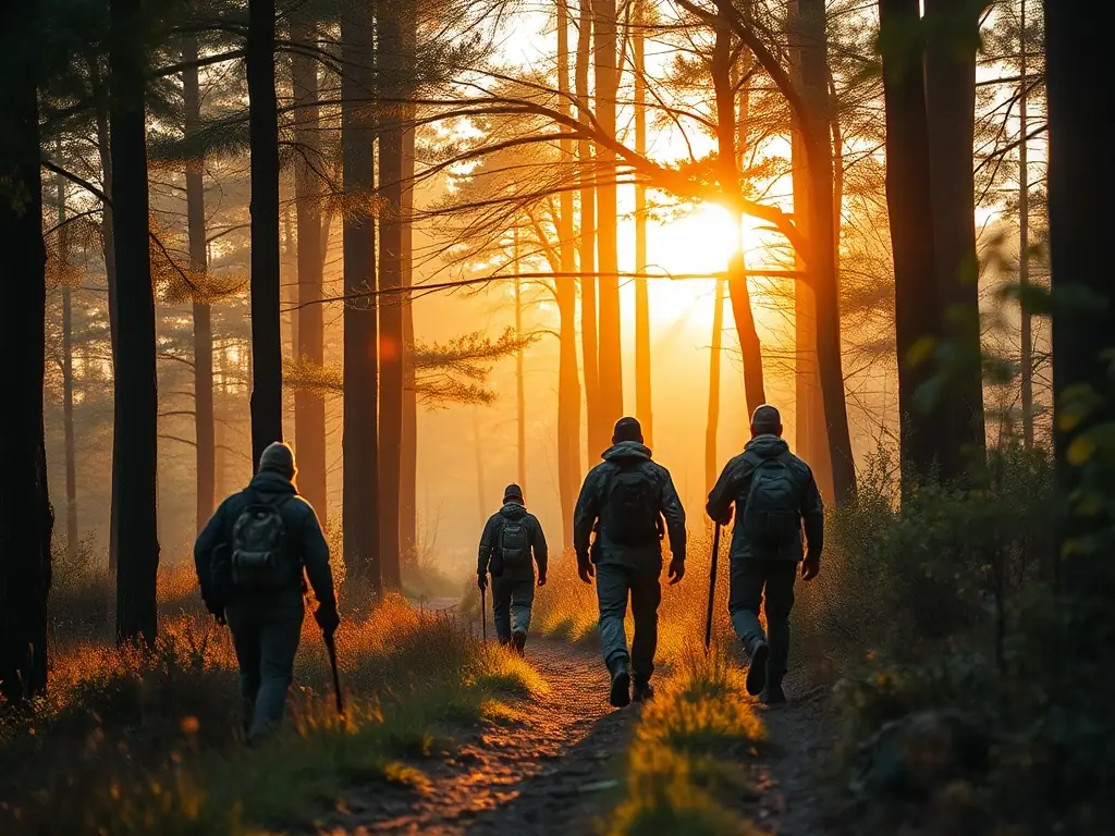 A group of hunters in camouflage gear walking through a dense forest during a scheduled hunting trip in Montbard, France. The early morning light filters through the trees, creating a serene and adventurous atmosphere.