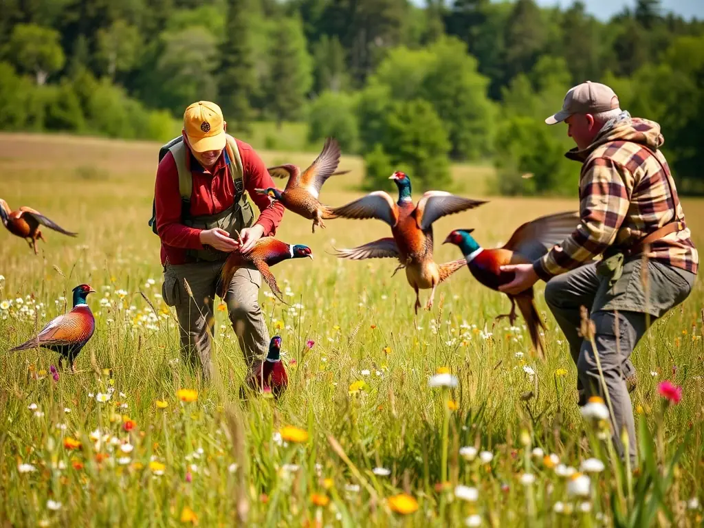 A serene landscape featuring a group of hunters releasing pheasants into a field, symbolizing the club's restocking program and commitment to wildlife conservation.