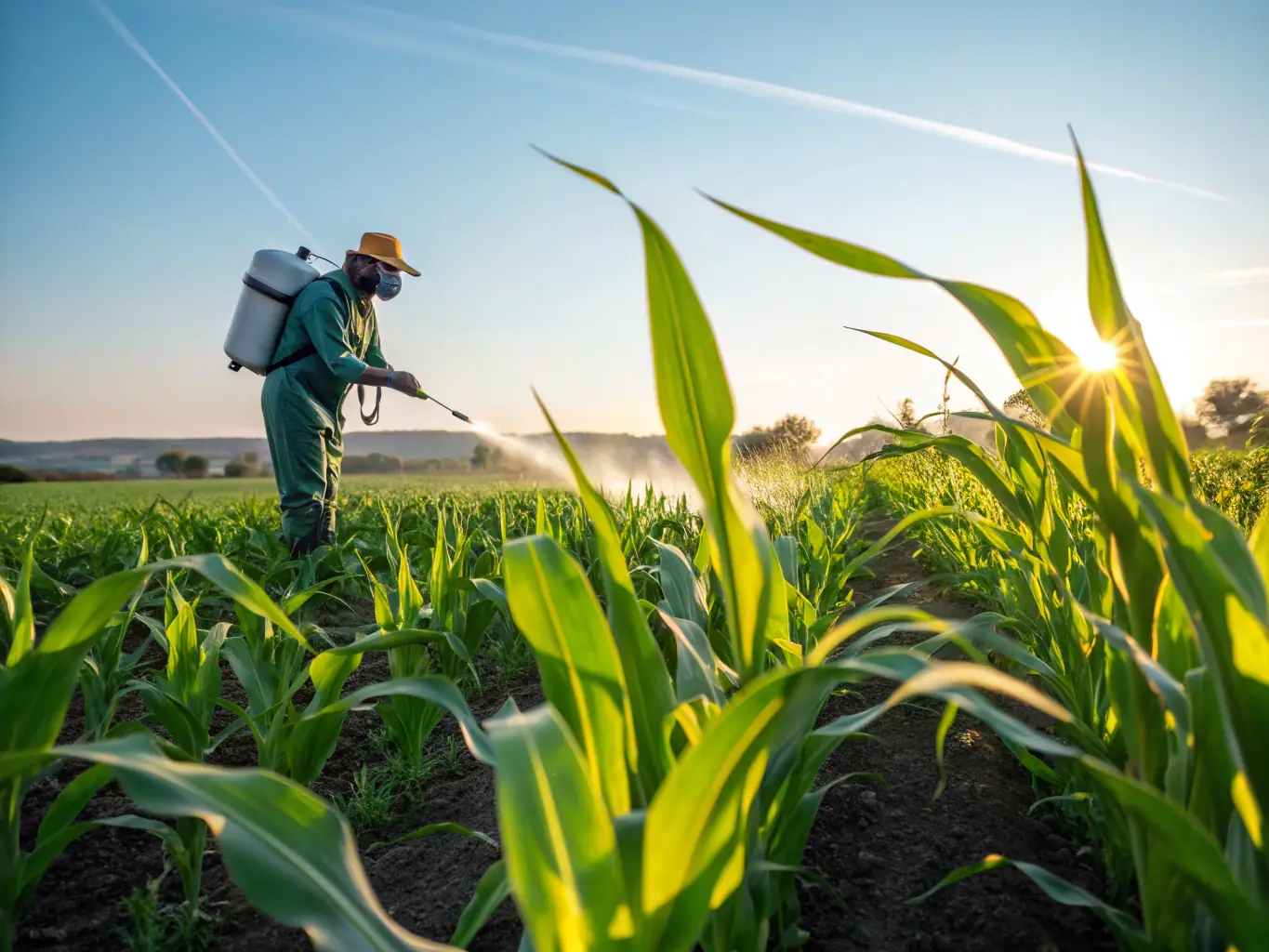 A member of LA DIANE demonstrating responsible pest control techniques in a local agricultural field, protecting crops and promoting sustainable farming practices.