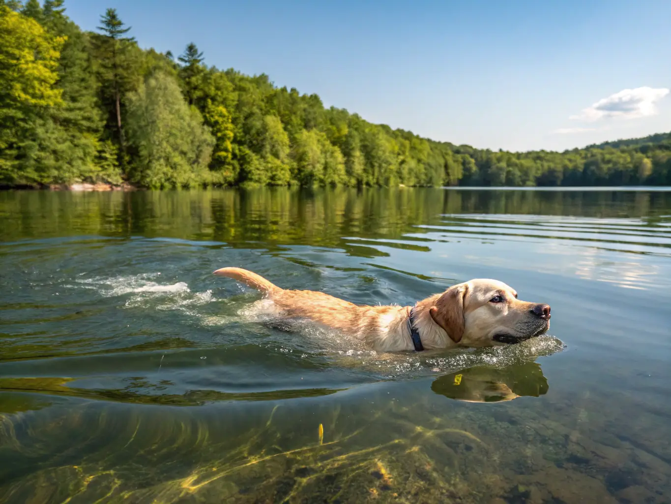 A scenic view of a hunting dog retrieving a duck from a calm lake during a waterfowl hunting event.
