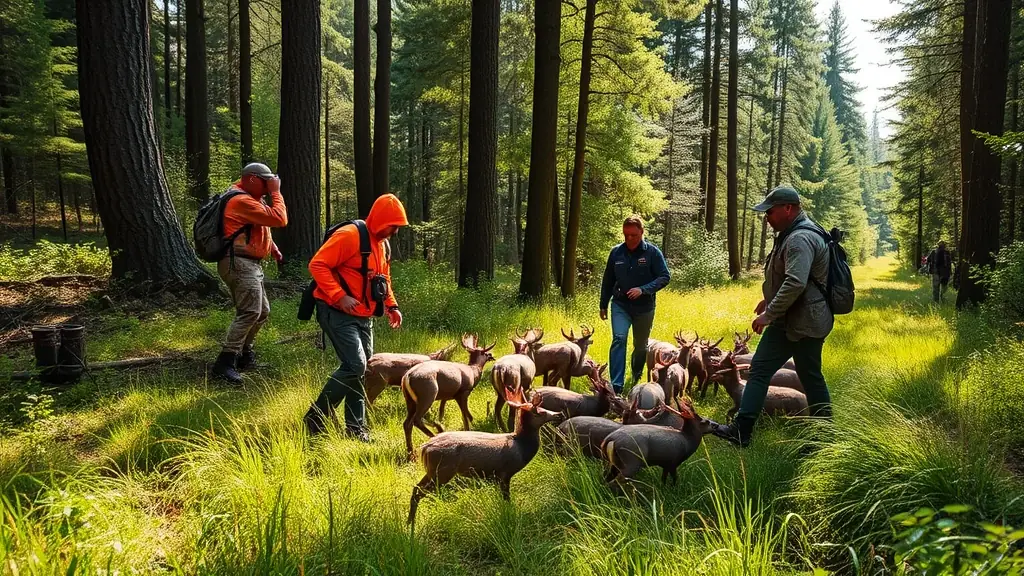 A group of hunters releasing pheasants into a field as part of a restocking program.