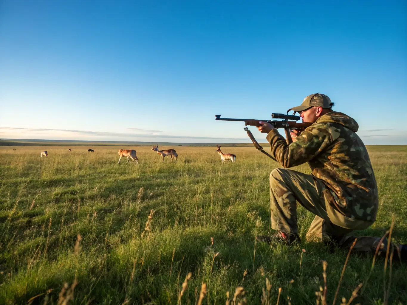 A close-up shot of a hunter aiming a rifle in a field, with a clear blue sky in the background.